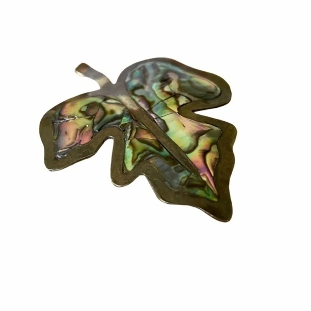 Vintage Taxco 925 Silver Abalone Shell Leaf Brooch Earrings Matching Jewelry Set